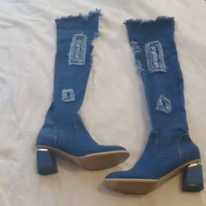 No brand thigh high denim boots
